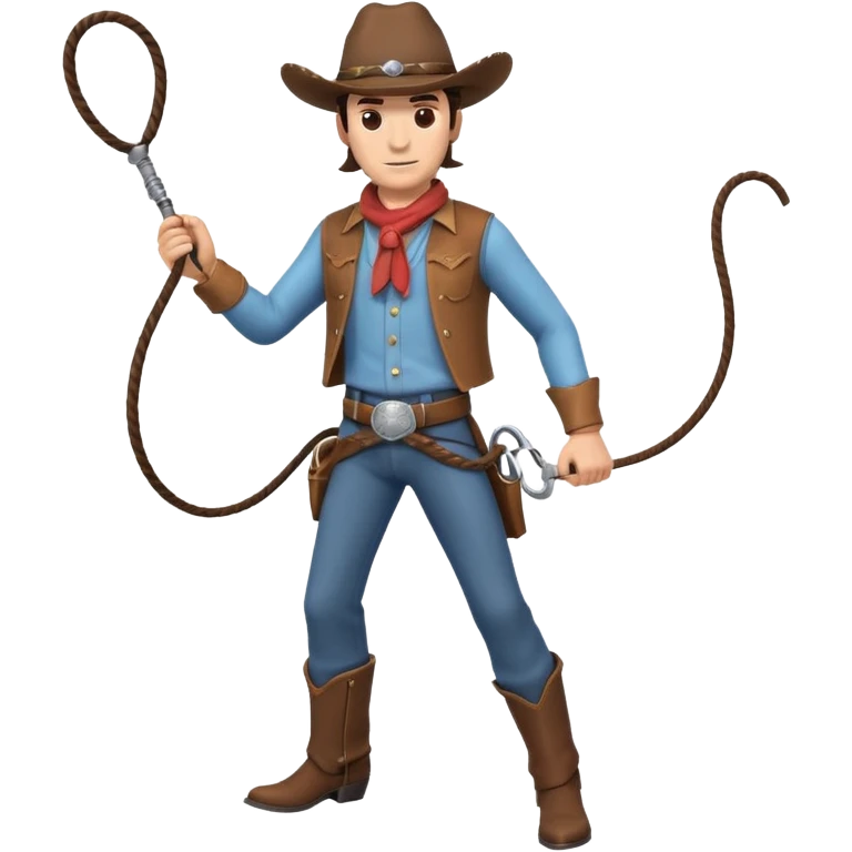 cowboy man holding a whip, dynamic pose, western outfit, adventure vibe, 3D cartoon, mobile game icon style, clean background, no text, no watermark
 emoji