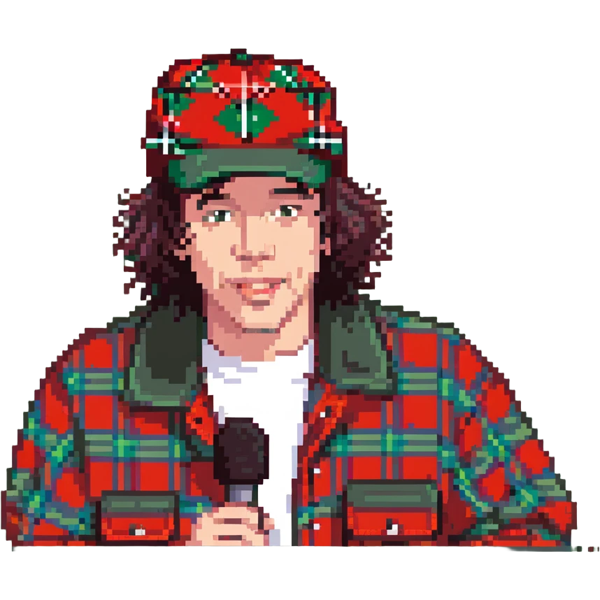 Nardwuar with red plaid hat interviewing emoji