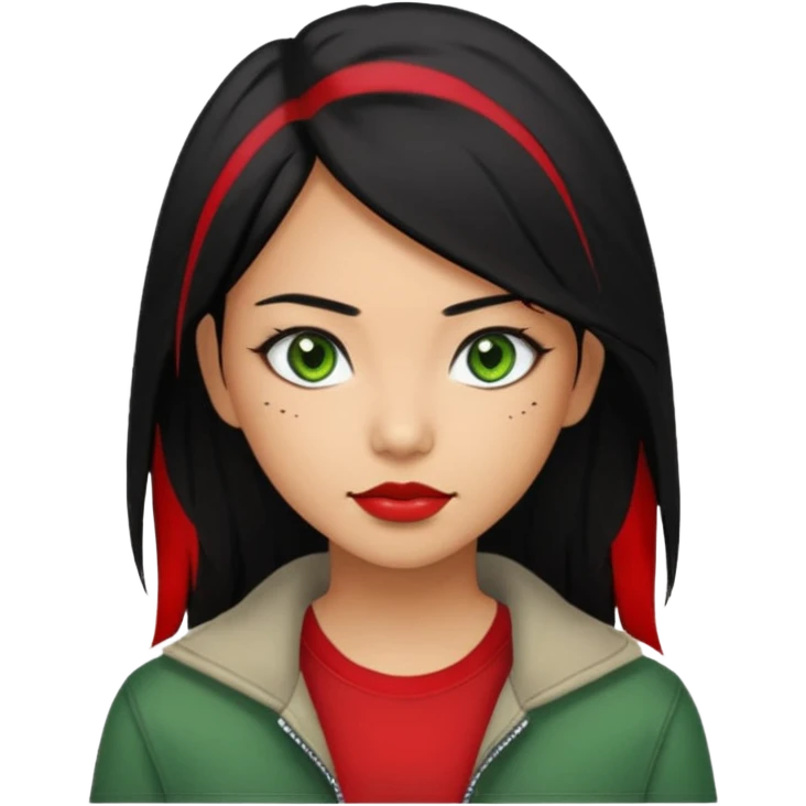 Asian-Latina woman with black hair with a red streak, green eyes, and an alternative/grunge style of clothing. emoji