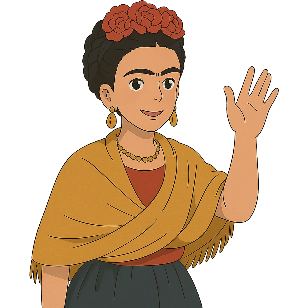 ghibli style Frida Kahlo waving farewell emoji