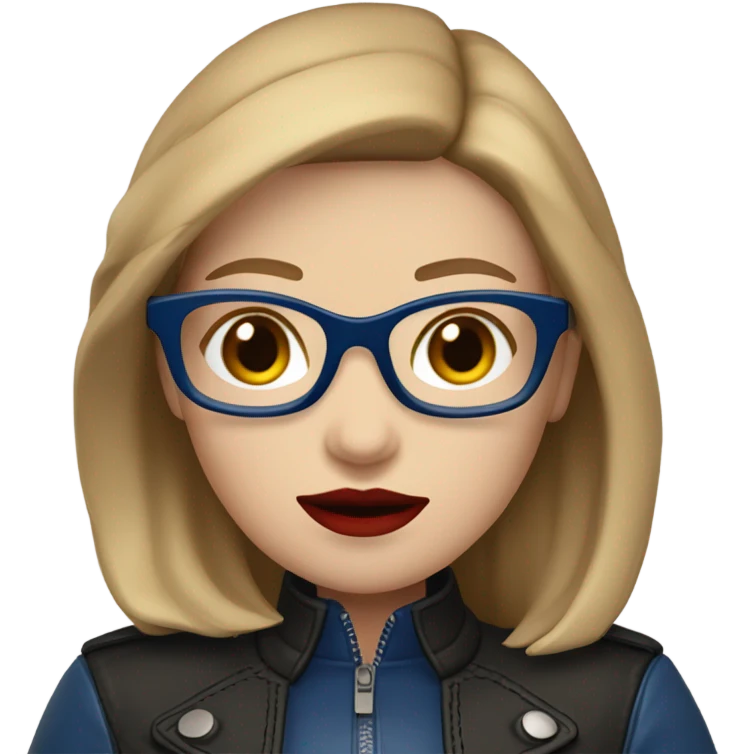 a pale girl with shoulder length light brown hair, glasses with a thick dark blue frame, red lipstick, blue eyes, dressed in a black leather jacket emoji