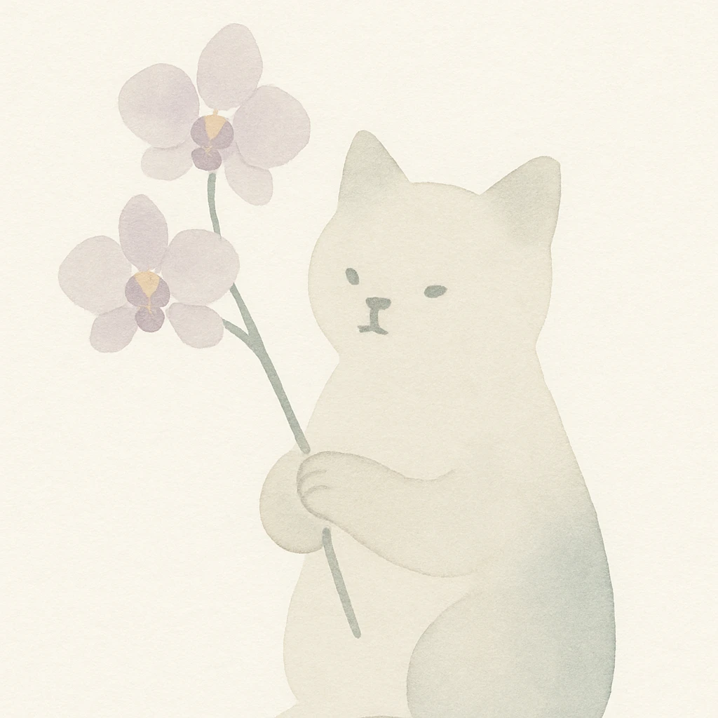 cat holding a spring orchid, watercolor art style emoji
