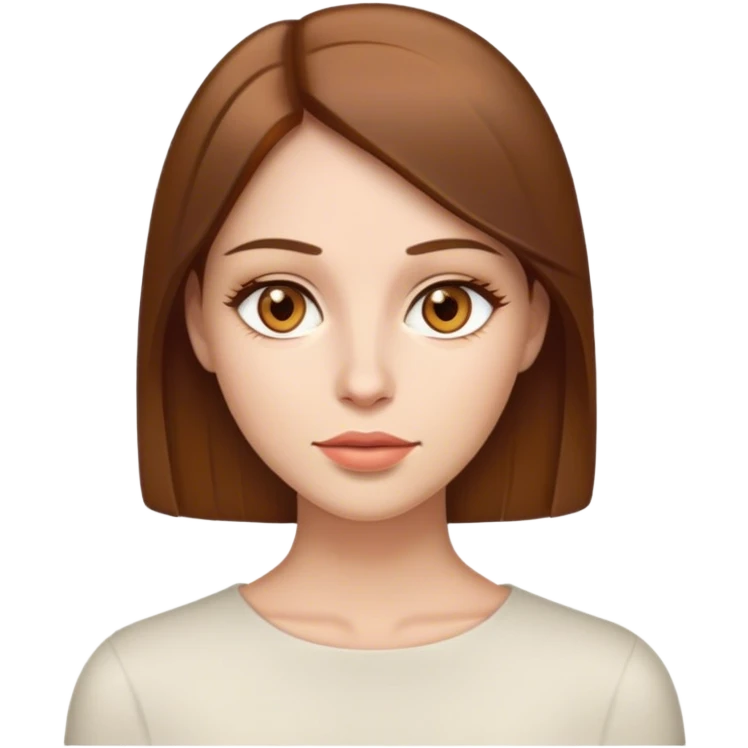 Mujer con pelo castaño ojos de color miel y cabello liso blanca con labios delgados como una linea emoji