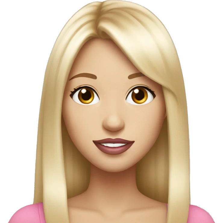 Beautiful woman pink lips with long blonde hair, straight blonde bangs and hazel eyes, happy expression emoji