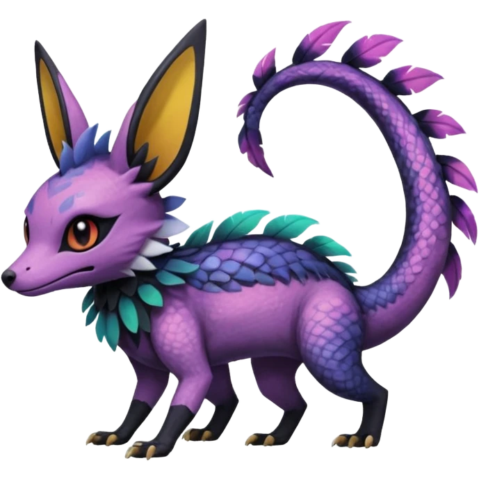 Rare epic aesthetic iridescent spooky gloomy colorful Salandit-Noibat-Eevee-Genet-species-Fakemon-hybrid-creature, with markings, full body emoji