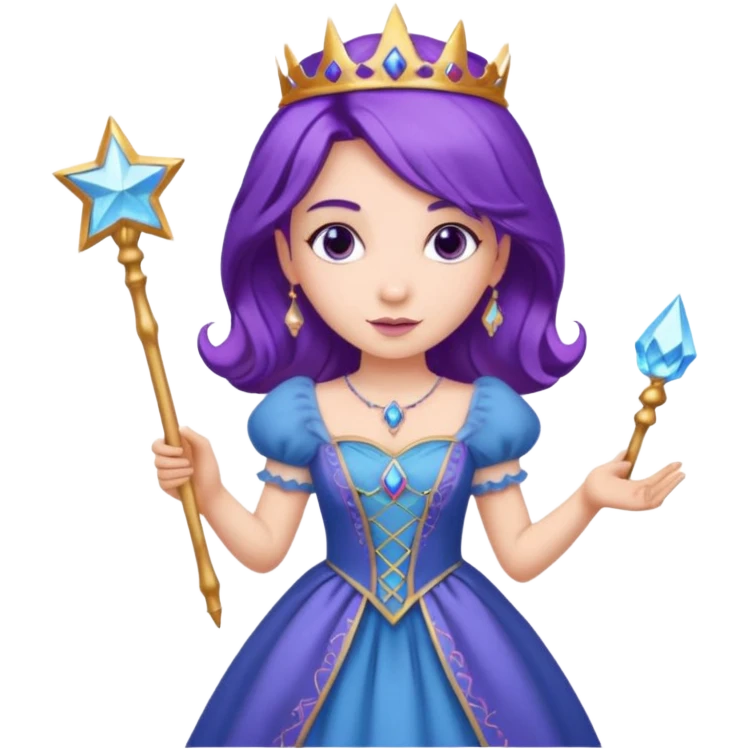 Princesses with Magic Wand in Purple Hair, blue dress emoji