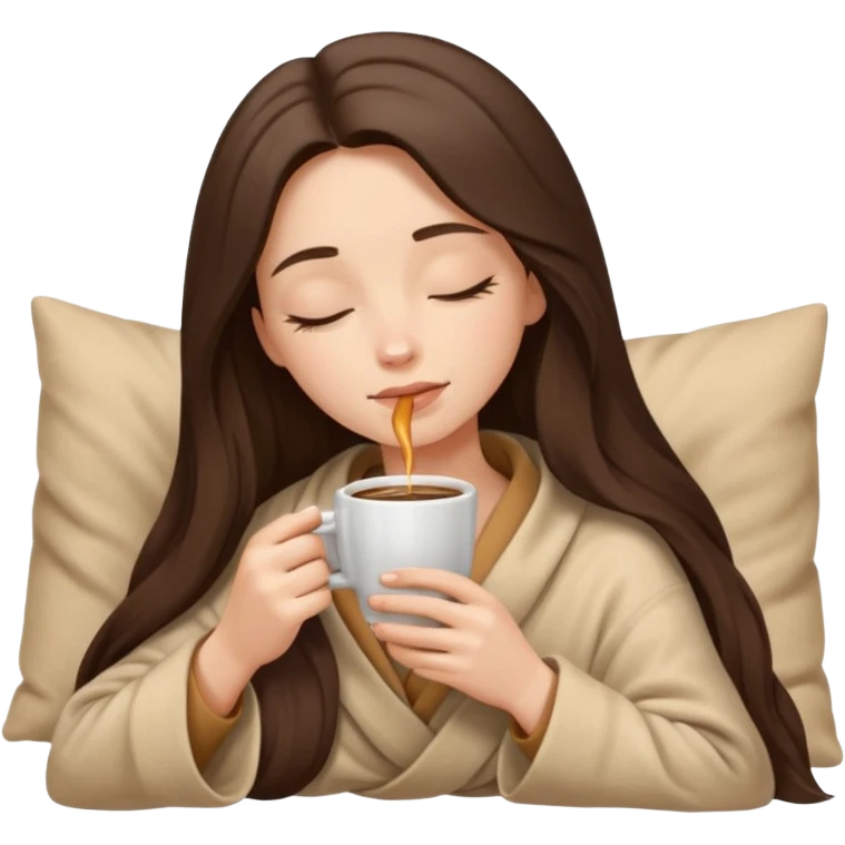 Brunette girl long hair inside a beige blanket sipping coffee eyes closed emoji
