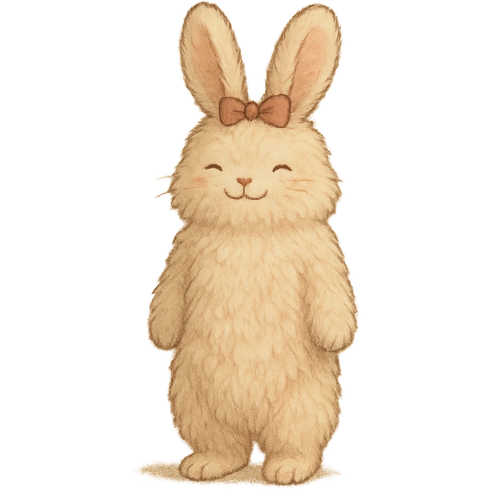 super soft extra fluffy bunny hair straightener with a tiny bow gentle happy face soft pink full-body emphasizing plush fur and gentle Ghibli textures emoji