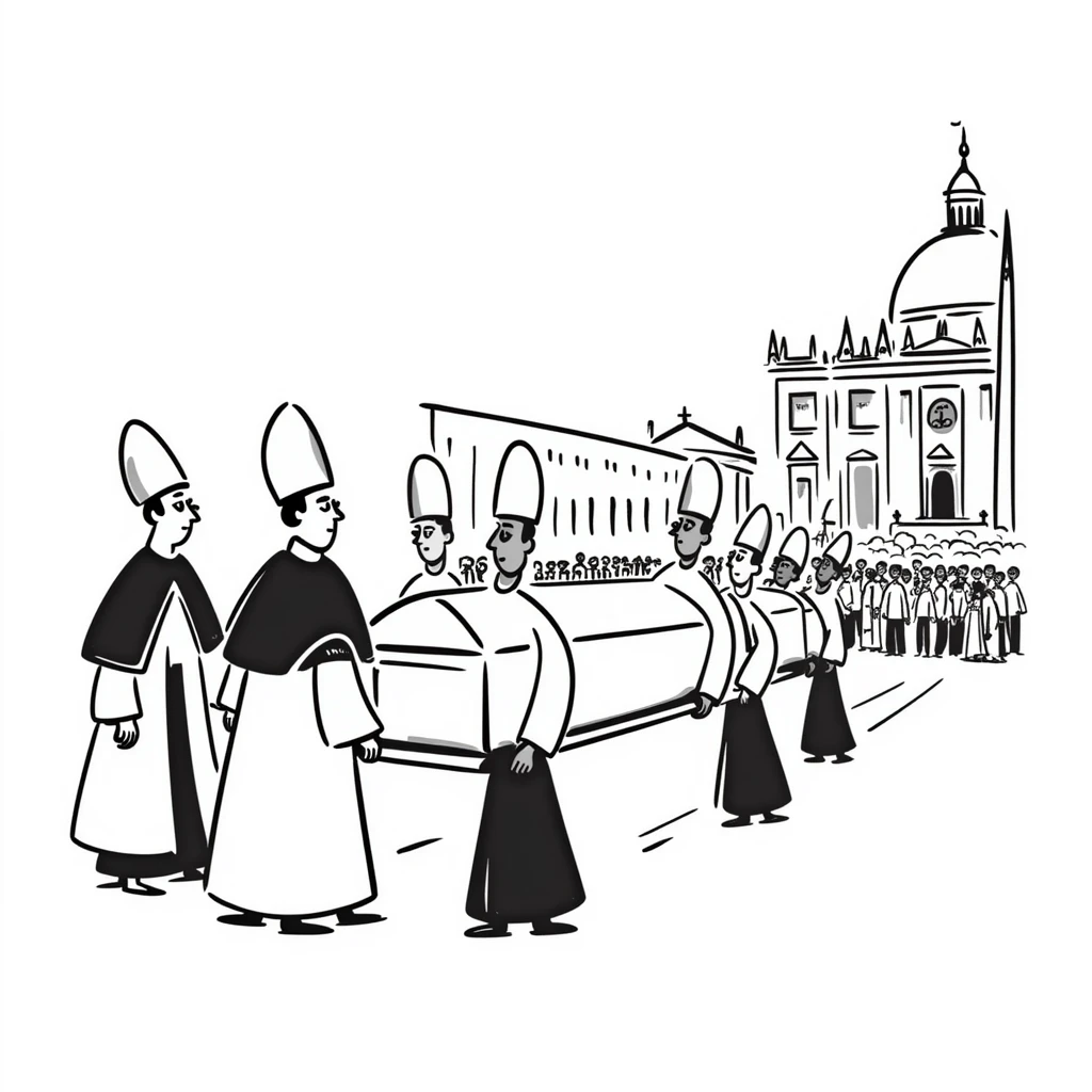 A respectful drawing of a papal funeral procession at Vatican City with cardinals, the papal coffin, and St. Peter's Square filled with mourners emoji