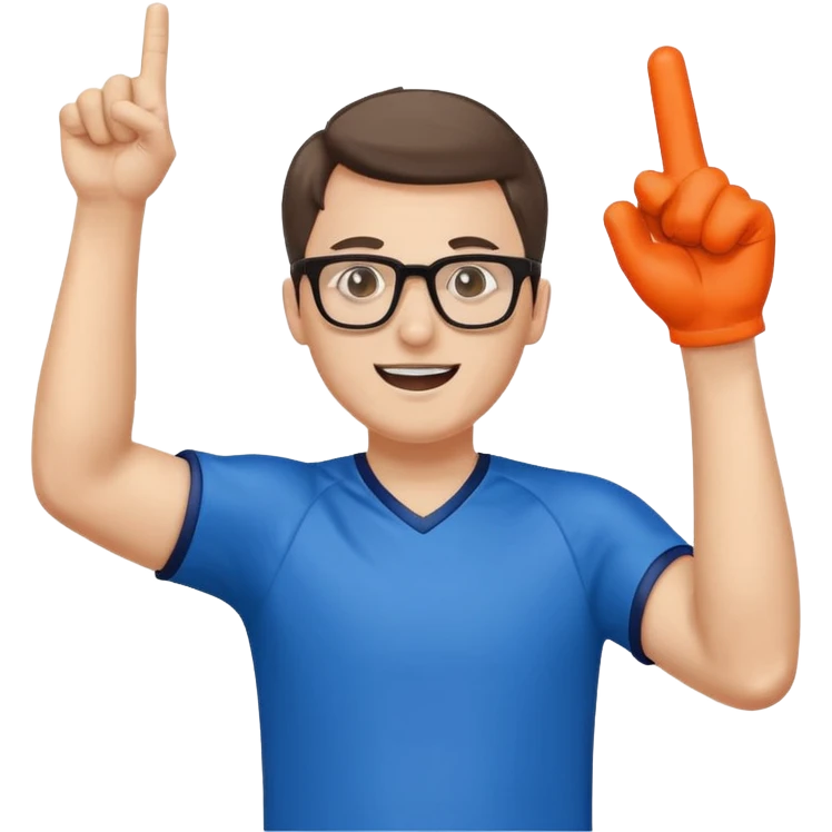 A slim man with glasses, pumping the foam finger in the air with bright enthusiasm. emoji