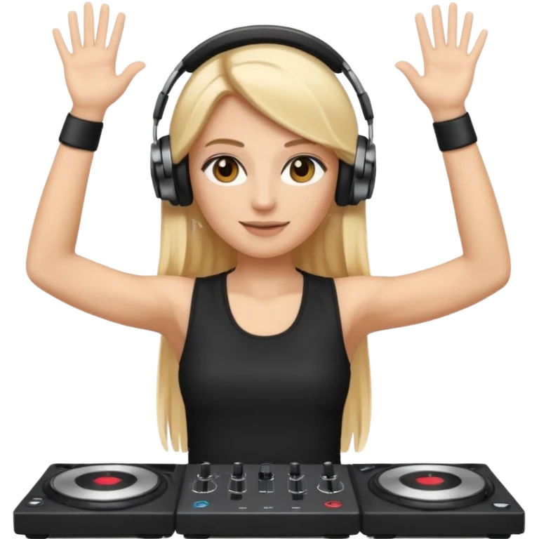 I want a white female dj animated gif emoji with long straight centre parting blonde hair, brown eye brows and putting hands up in the air. Wearing a black tight top with no sleeve. Also wearing DJ headphones  emoji