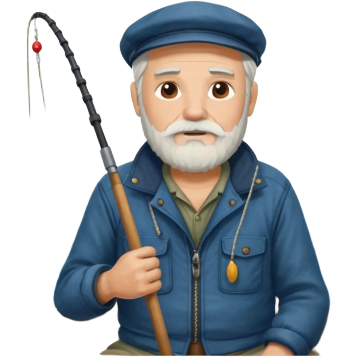 an old white haired, bearded man in fisherman attire, sat in a big boat on the ocean, casting a fishing line into the water emoji