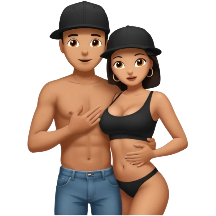 A picture of a tanned couple in a sex position. the man is a Mexican man with tanned skin, with a bald hair cut wearing a SnapBack hat and a black shirt. the woman has thick dark brown hair and with big naked boobs that he is grabbing emoji