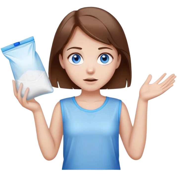 Brown hair blue eye Girl shrugging holding a clear plastic bag with white powder emoji