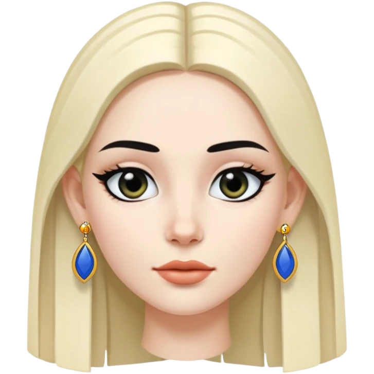 A white skinned girl with a three-dimensional face shape from Europe and America has long, straight black center part hair Upperhung eyeliner and two earrings emoji