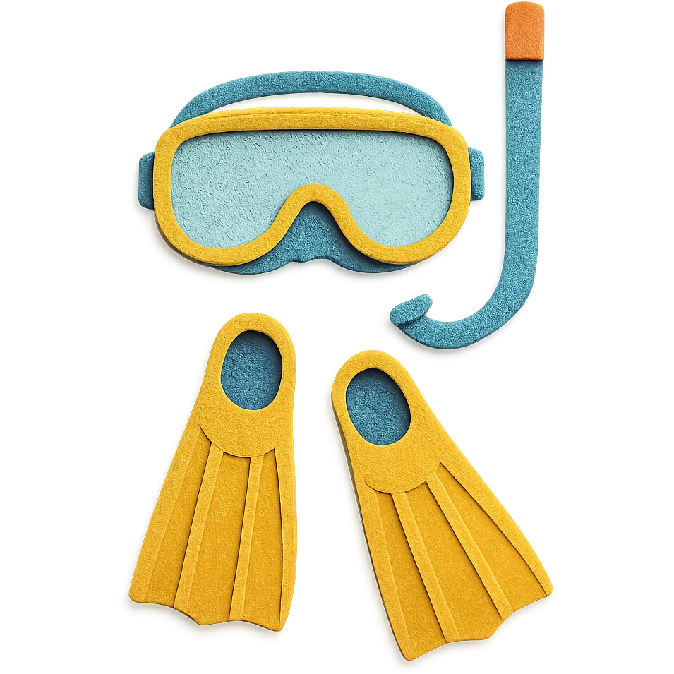 snorkel and flippers arranged as a flat lay with bright colors in paper-craft style emoji