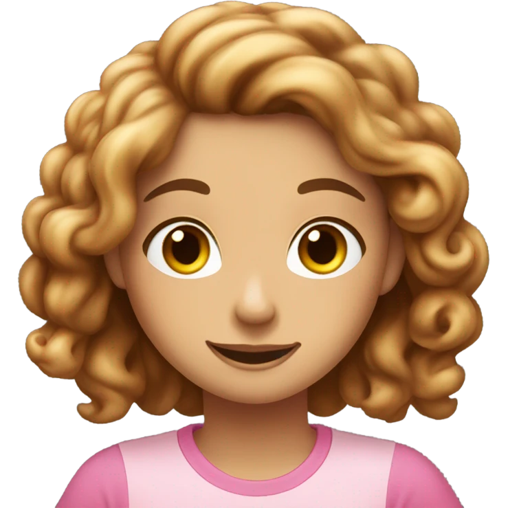 A girl with fair skin, a brunette with long curly hair and brown eyes. Eating sinabon in a pink T-shirt. emoji