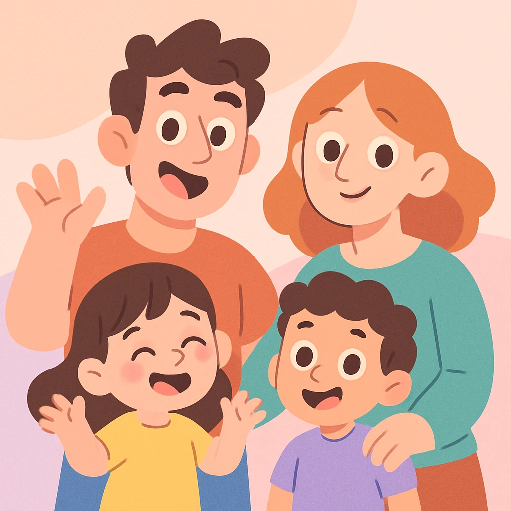 a cartoon family in pastel toon style, soft colors emoji