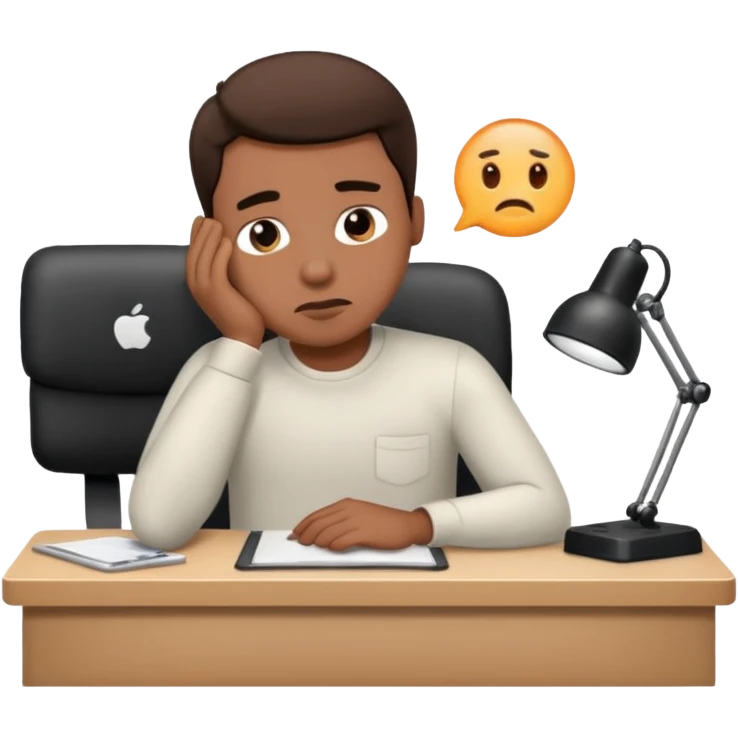 man sitting at his workplace, working hard, very tired emoji