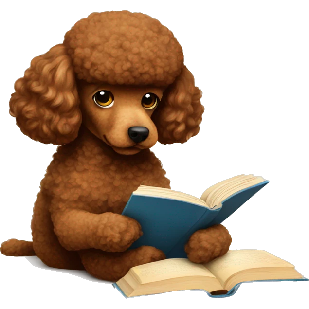 Brown poodle reading a book with a cup of tea emoji