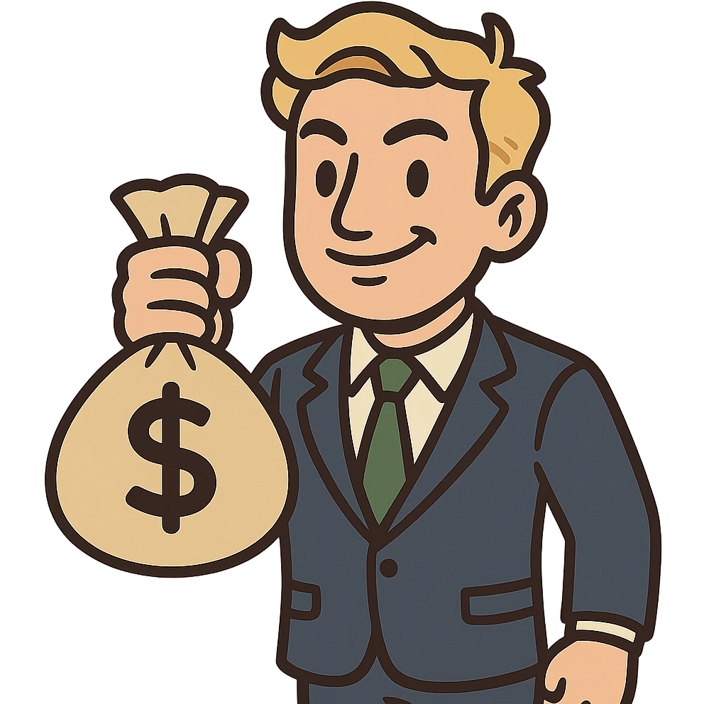 cartoon-style venture capitalist emoji, business suit, confident smile, holding a money bag emoji