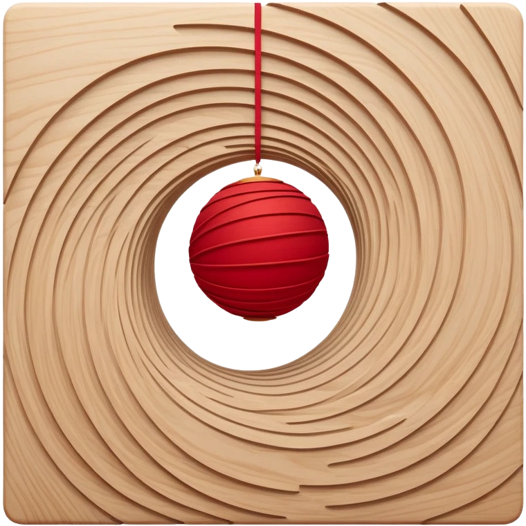 Floating abstract layers of wood grain, red fabric, and sketched lines suspended in motion, gently orbiting a glowing red core of creative intent. emoji