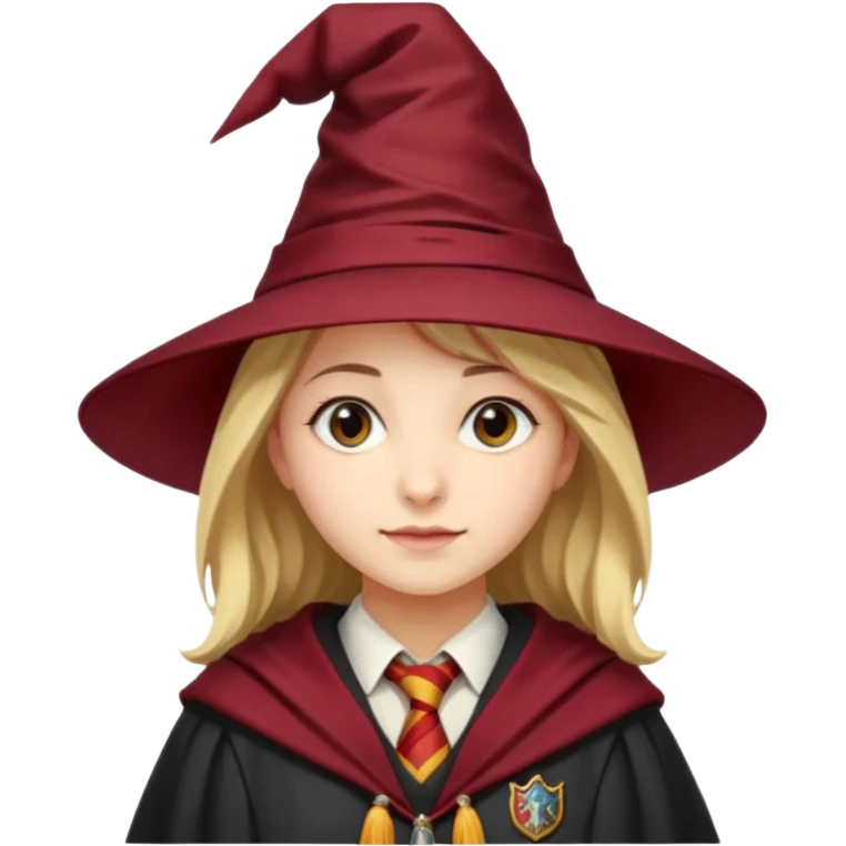 A young woman wearing a classic witch’s hat, red tie, and wizarding robes. This outfit suggests she's a student from Gryffindor House (from the Harry Potter universe), as the red tie is a signature detail of that house's uniform. emoji