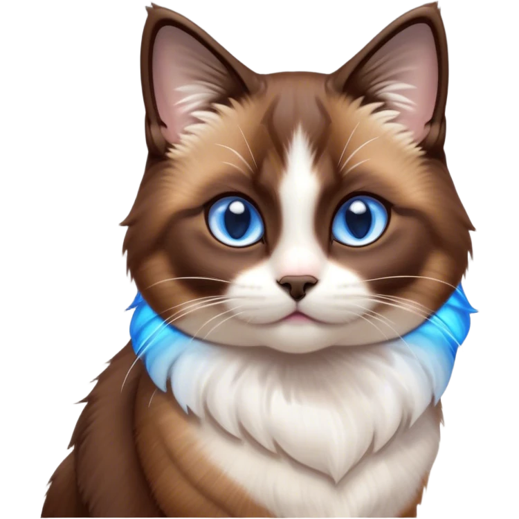 Cinematic Cute Brown Mantle Snowshoe Cat Portrait Emoji, Head tilted playfully and inquisitively, rich brown fur cascading over its back like a mantle, with soft white paws, chest, and face, striking icy-blue eyes brimming with curiosity, Simplified yet irresistibly adorable features, highly detailed, glowing with a warm, friendly glow, high shine, affectionate and lively, stylized with a touch of whimsy, bright and endearing, soft glowing outline, capturing the essence of a mischievous yet loving kitten, so playful it feels like it could pounce out of the screen and into your arms! emoji