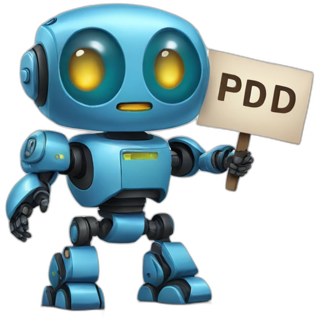 cute bot holding a sign where we can read "PD-Bot" emoji