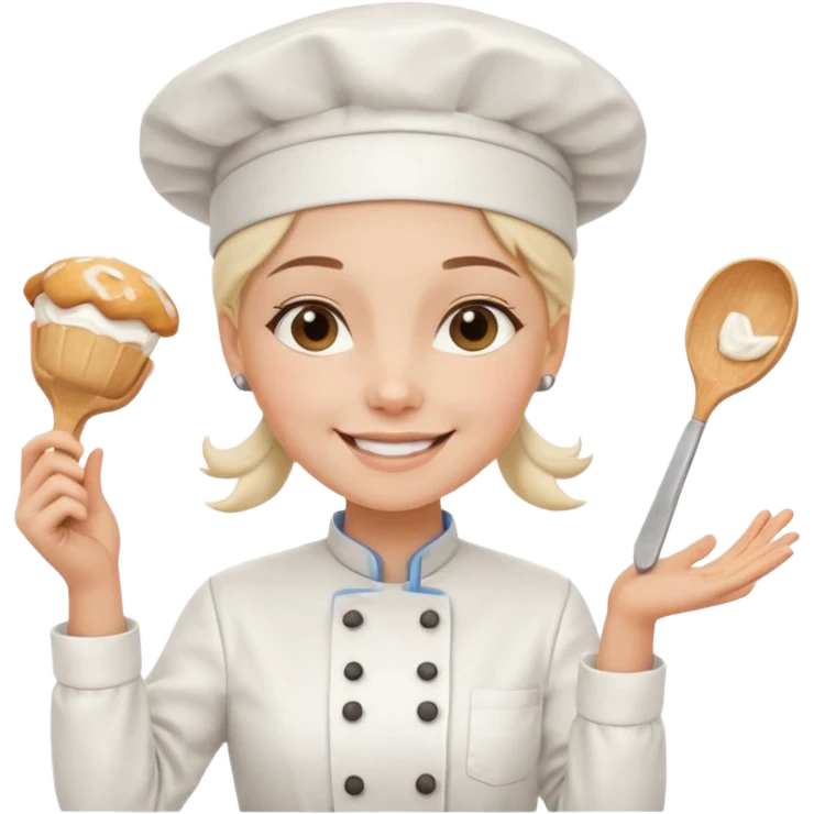 Young female baker - white chef hat, holding cream piping bags in both hands emoji