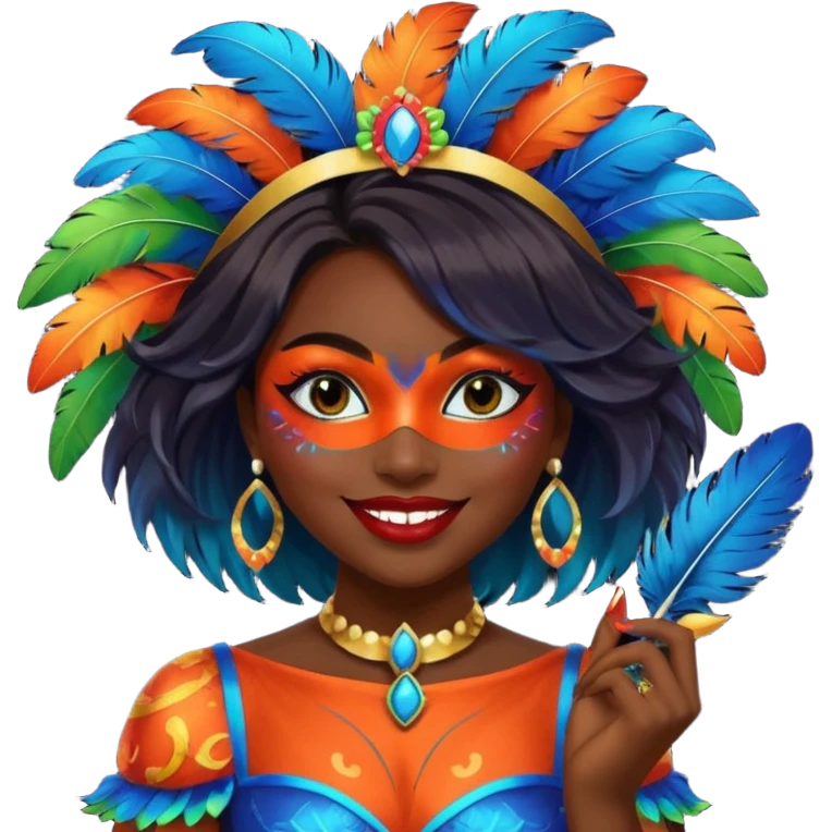 i need the same girl in "dark skin girl, dark red lipstick, nails very beautiful" to be smiling in "carnival mas costume, blue, green and orange preferably, full costume feathers at the back" she is to be smiling, hair should be dark and in a bob  emoji