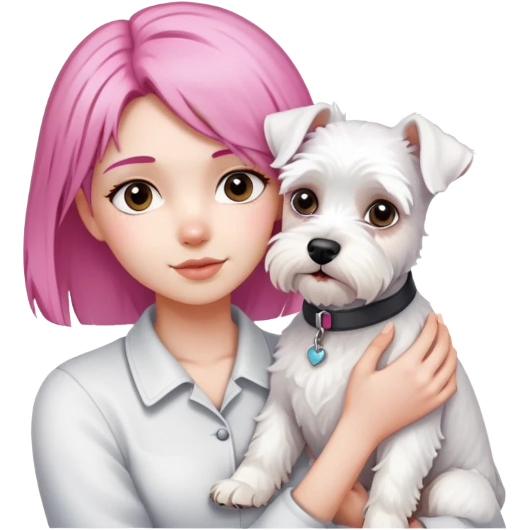Pink-haired girl holding a white schnauzer dog emoji