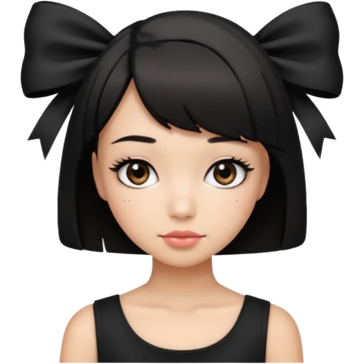 Girl with black cute bob cut with a black top and a bow on her head with long lashes emoji