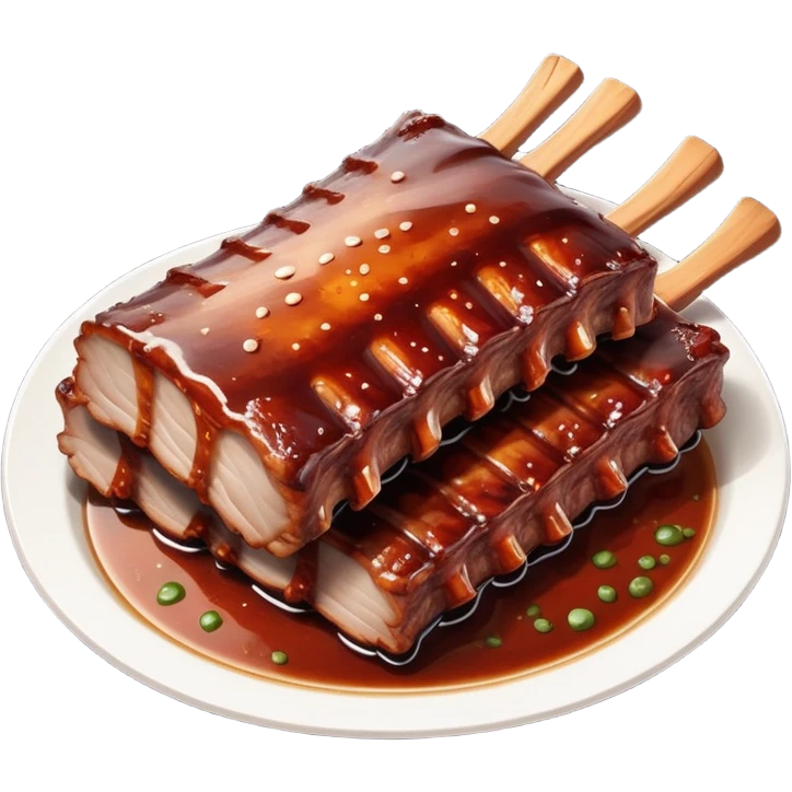 cinematic-realistic-barbeque-ribs-dish-emoji,-depicted-as-succulent,-slow-cooked-ribs-with-a-sticky-smoky-glaze-rendered-with-rich-textures-and-dynamic,-appetizing-lighting. baby back spare ribs emoji