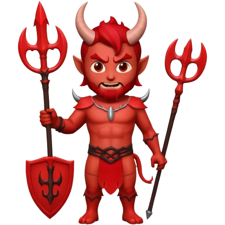 Full body shot 3D Memoji male devil, holding a three-pronged trident. Red skin, small horns, scary pose, solid background. emoji