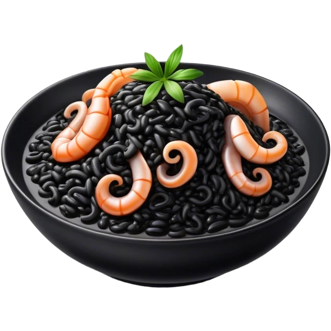 Cinematic Realistic Black Risotto Dish Emoji, showcasing a rich squid ink-infused risotto rendered with bold textures and dynamic, dramatic lighting. emoji