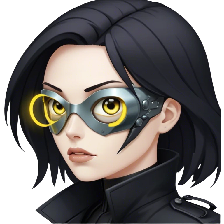 A dystopian bounty hunter, black trench coat, cybernetic eye glowing emoji