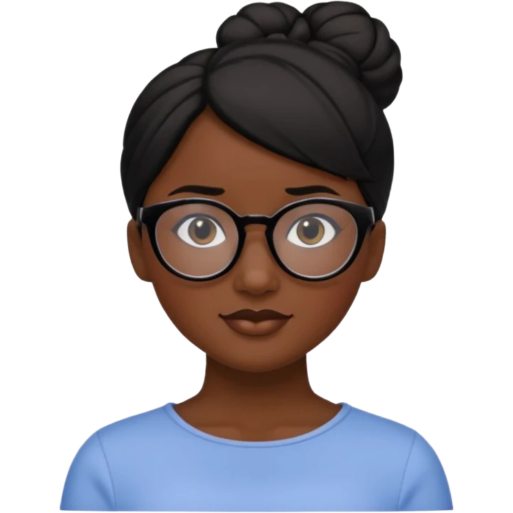 A woman with dark skin, black hair in a neat bun, black glasses, and an oval face with soft features. emoji