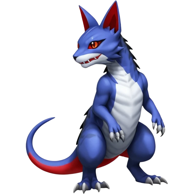 midnight blue-gray-black, with red markings, white belly, scaley Bastet-Noibat-Gatomon-Garchomp-Digimon-Fakémon-Pokémon-creature (full body) emoji