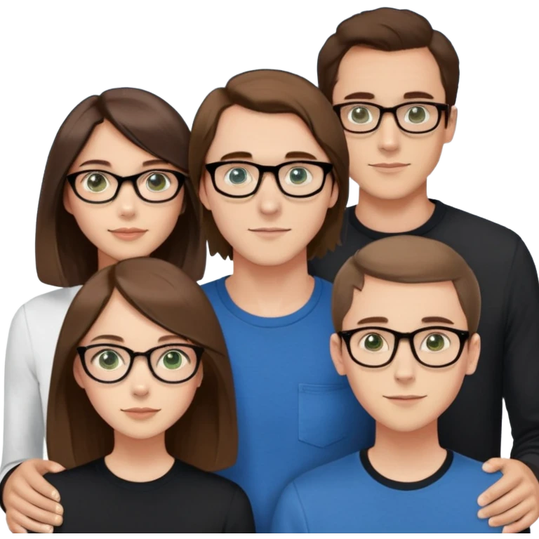 Three friends, one with long chest-length hair, blue eyes, a high forehead, brown hair, a guy. The second friend is shorter, black-rimmed glasses, short bob, nerd, girl, green eyes. The third friend is even shorter, brown eyes, just a brown bob and glasses in a beautiful curved frame.  emoji