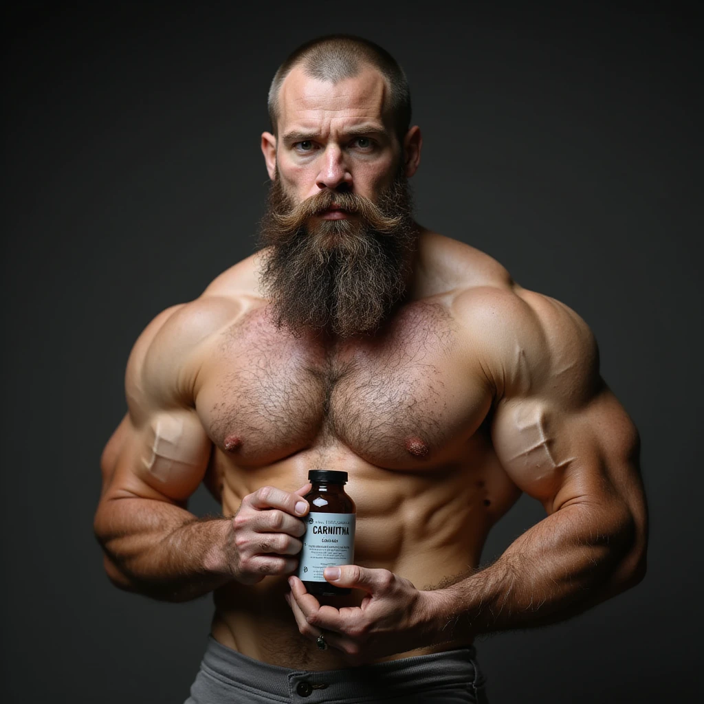 bearded bodybuilder, hyperrealistic, holding a vial labeled 'CARNITINA', 4k quality emoji