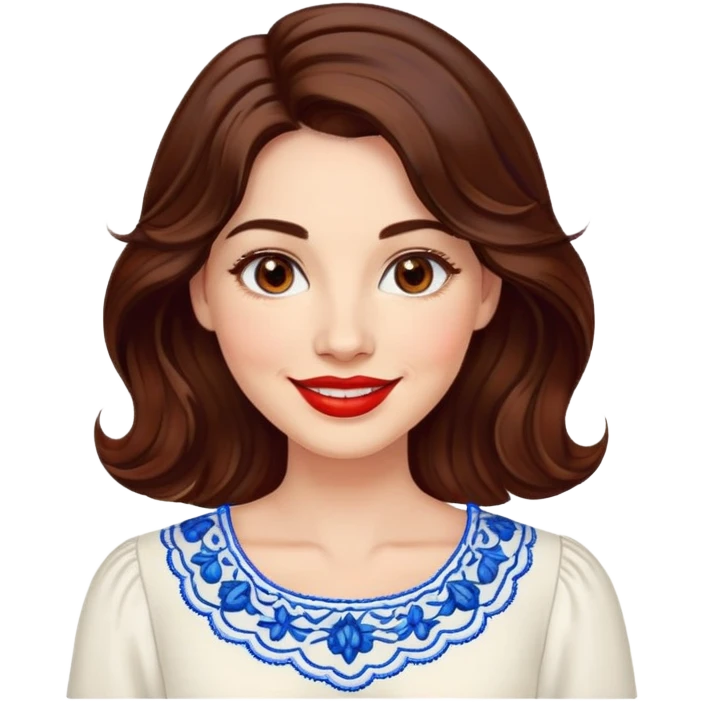 Friendly woman in her late 30s with luminous fair skin, round face, wide smile, large light brown eyes, vibrant red lips, shoulder-length dark brown wavy hair, wearing white blouse with blue embroidery and electric blue neckline emoji