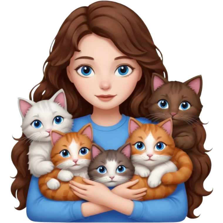 girl with long wavy brown hair, blue eyes, long lashes makeup, cuddling with 6 cats emoji