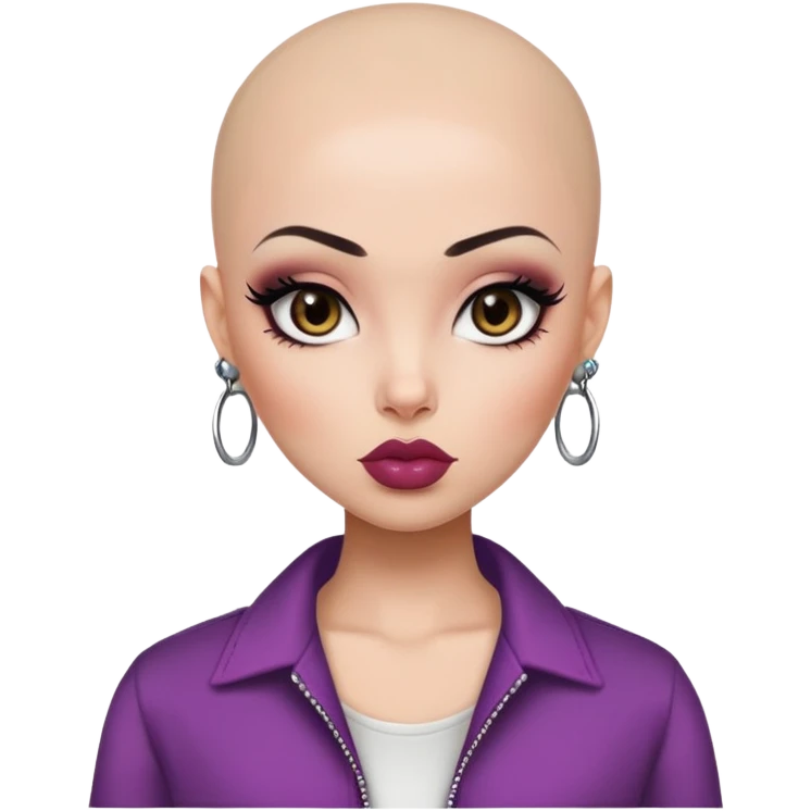 bald, pretty lips, clothes, pale tattoed skin,  dark brown eyes, pretty bratz baddie, black eyeliner emoji