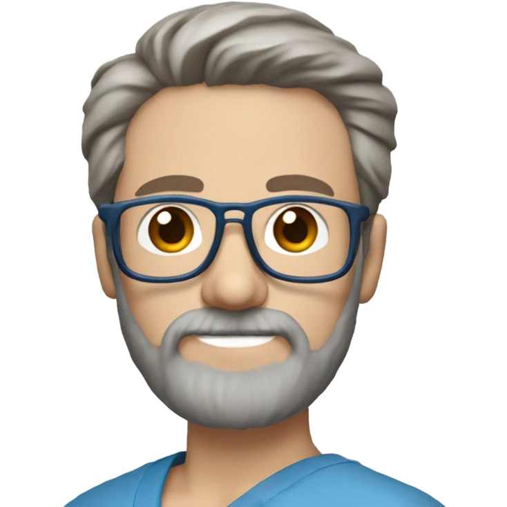 male dark blond haired doctor with grey van dyke beard with hazel eyes and small wire-rimmed glasses in blue scrubs holding a paintbrush and saw emoji