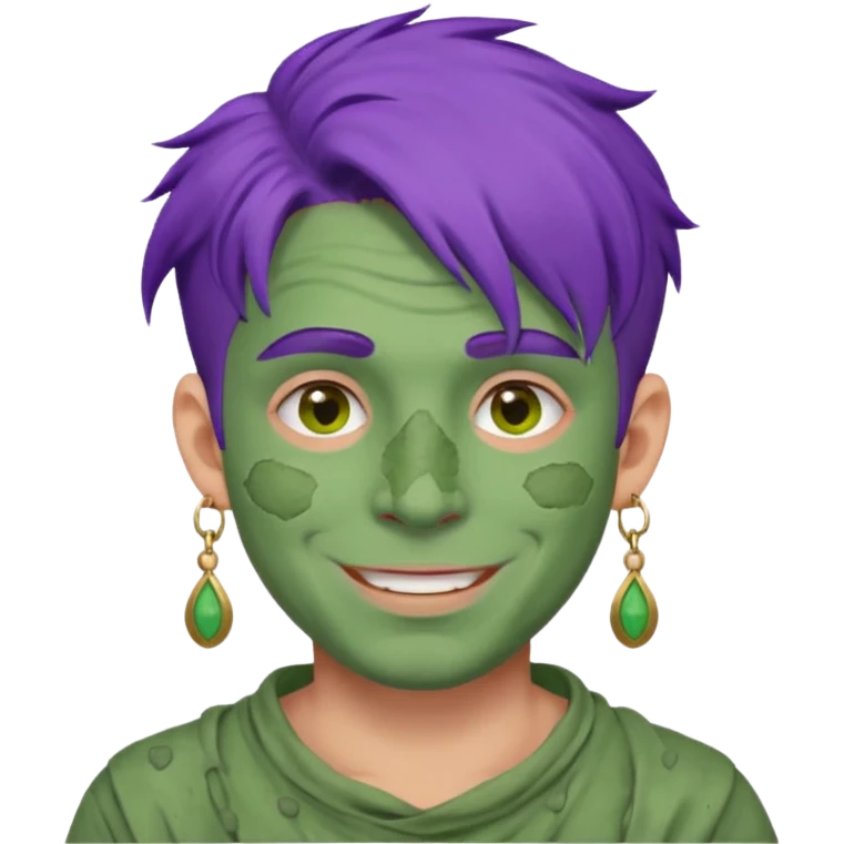 purple haired man with full full face dirty messy green clay mask and earrings happy  emoji
