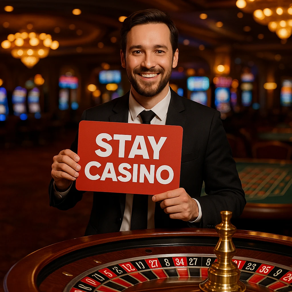 A man with a 'Stay Casino' sign, standing near a roulette table, casino lights and decor visible. emoji
