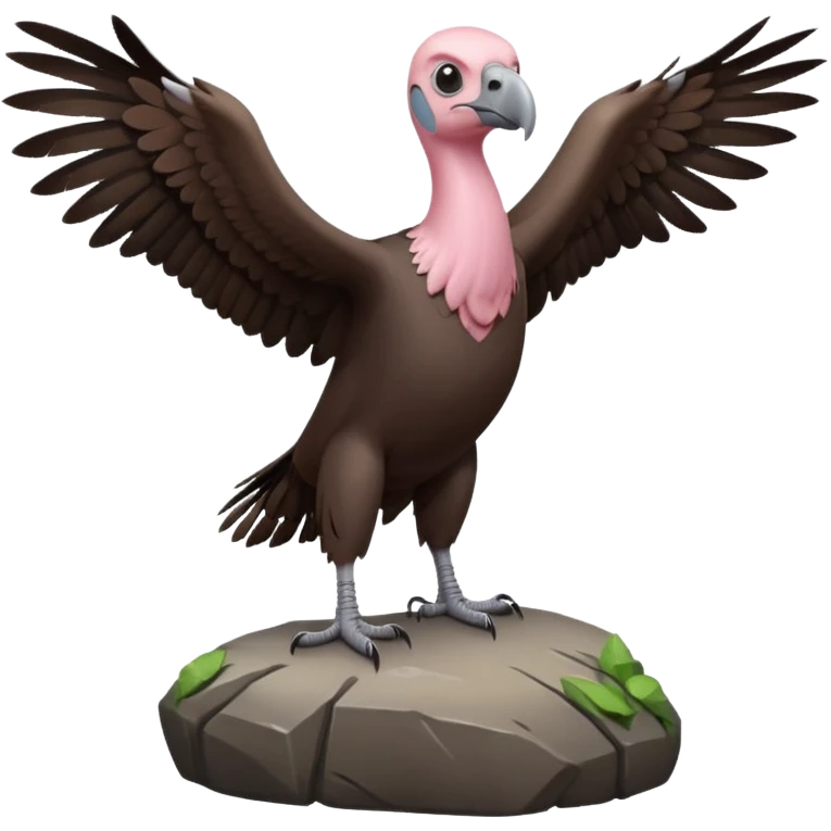 a vulture — large bird with dark brown feathers, bald pinkish head, curved beak and sharp eyes — standing proudly on a rock — wings slightly open — realistic yet cute cartoon emoji look, clean lighting, soft shadows. emoji