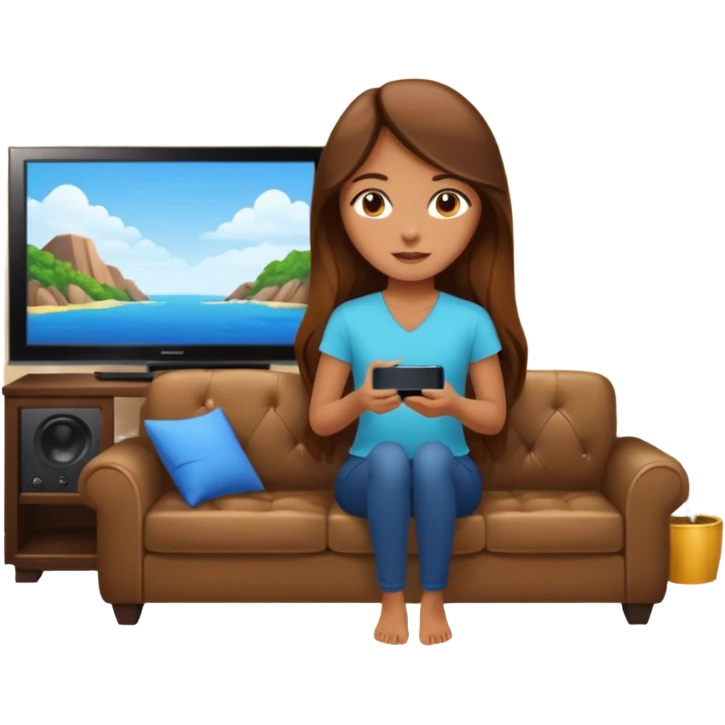 beautiful girl with long brown hair constructing new lounge room area with tv and couch emoji