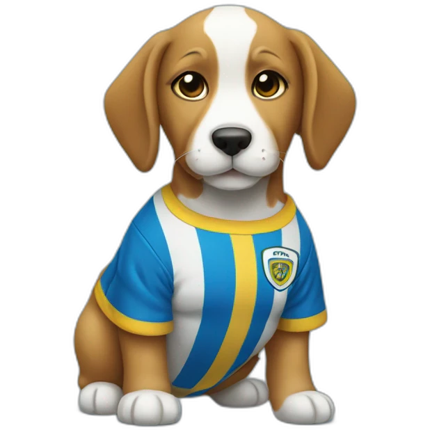 Puppy with a soccer shirt blue with a yellow stripe horizontal in the middle emoji